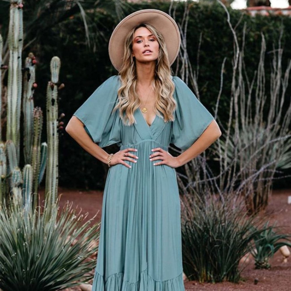 Blue V-Neck Short Sleeve Long Dress